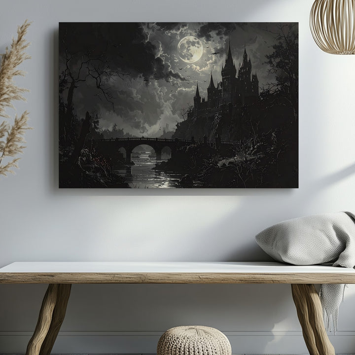 Gothic Castle at Night Canvas – Dark Landscape with Full Moon and Misty Bridge - Gifitto