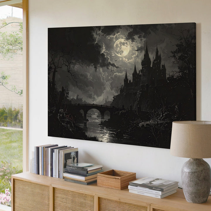 Gothic Castle at Night Canvas – Dark Landscape with Full Moon and Misty Bridge - Gifitto