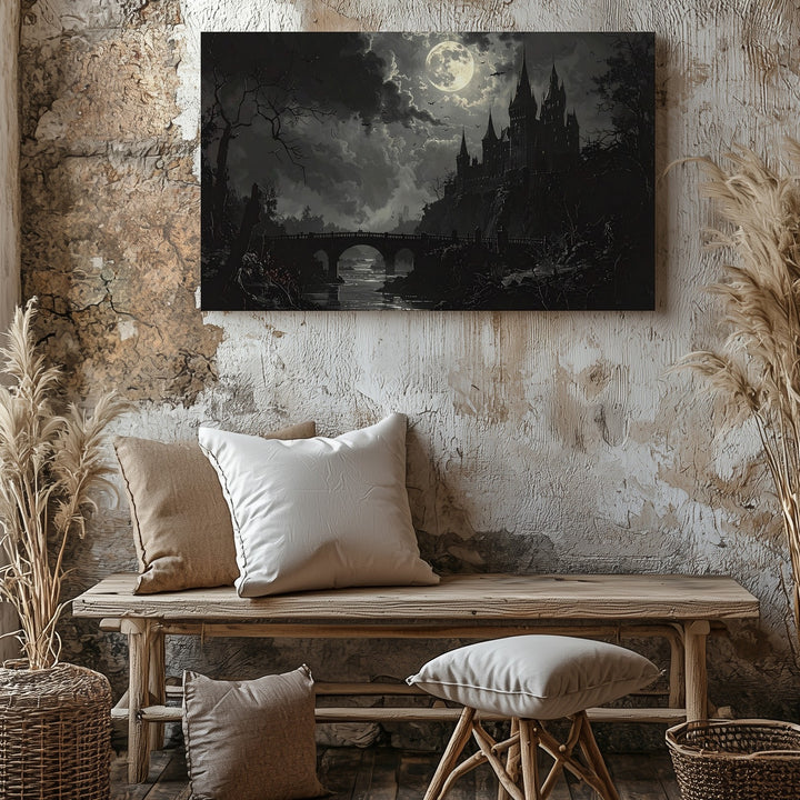 Gothic Castle at Night Canvas – Dark Landscape with Full Moon and Misty Bridge - Gifitto