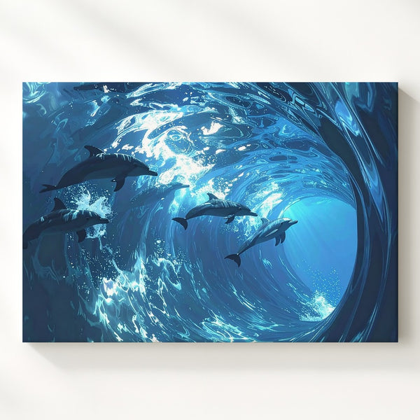 Vortex Dance Dolphins Canvas – Surreal Underwater Motion Art