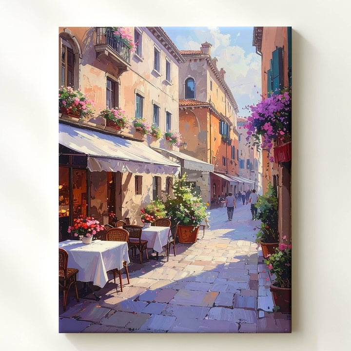 Charming European Alleyway Canvas – Sunlit Café Scene with Cobblestone Path - Gifitto