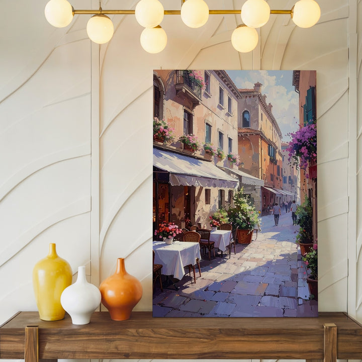 Charming European Alleyway Canvas – Sunlit Café Scene with Cobblestone Path - Gifitto