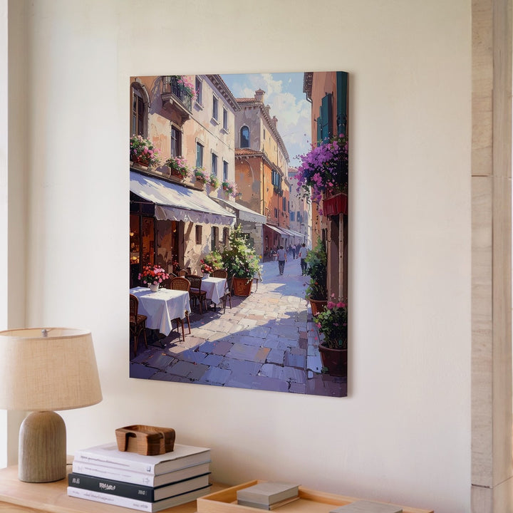 Charming European Alleyway Canvas – Sunlit Café Scene with Cobblestone Path - Gifitto