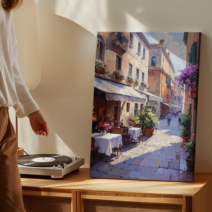 Charming European Alleyway Canvas – Sunlit Café Scene with Cobblestone Path - Gifitto