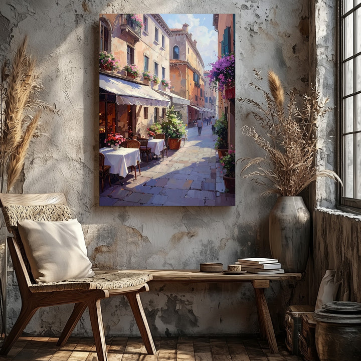 Charming European Alleyway Canvas – Sunlit Café Scene with Cobblestone Path - Gifitto