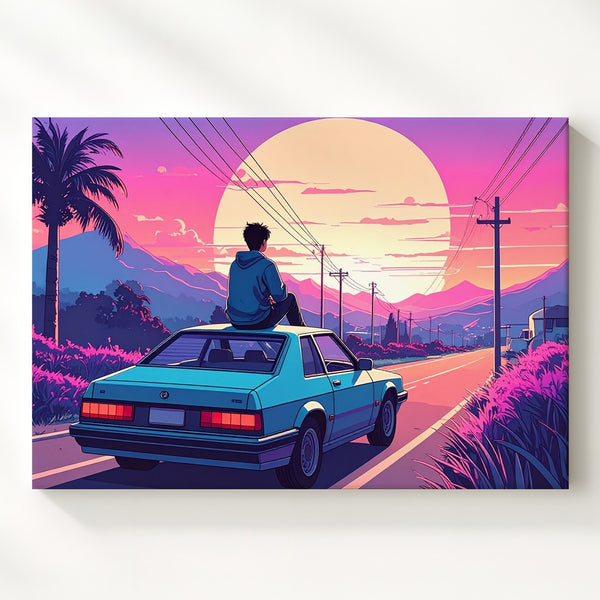 Vaporwave Sunset Canvas – Retro-Futuristic Car & Solitude Scene - Gifitto