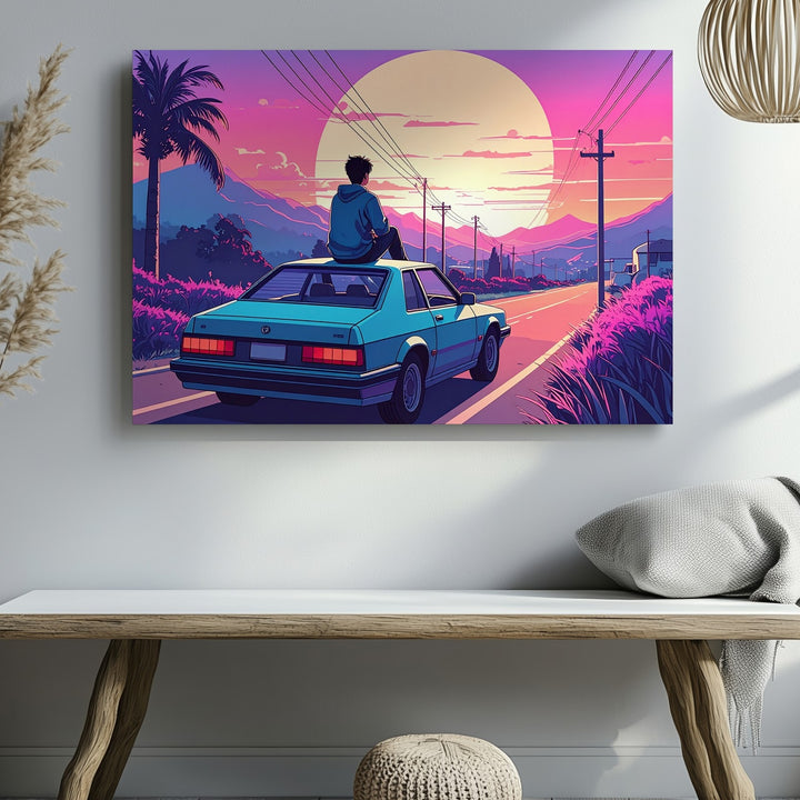 Vaporwave Sunset Canvas – Retro-Futuristic Car & Solitude Scene - Gifitto