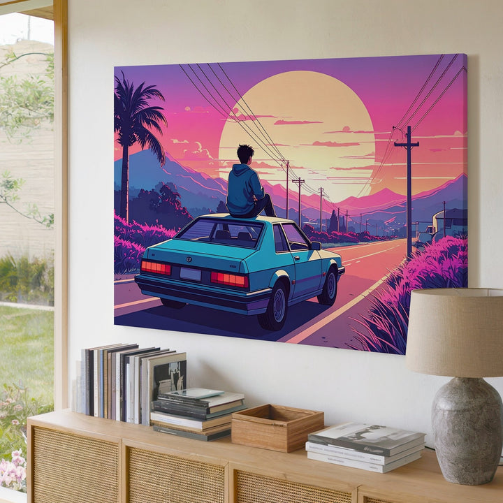 Vaporwave Sunset Canvas – Retro-Futuristic Car & Solitude Scene - Gifitto