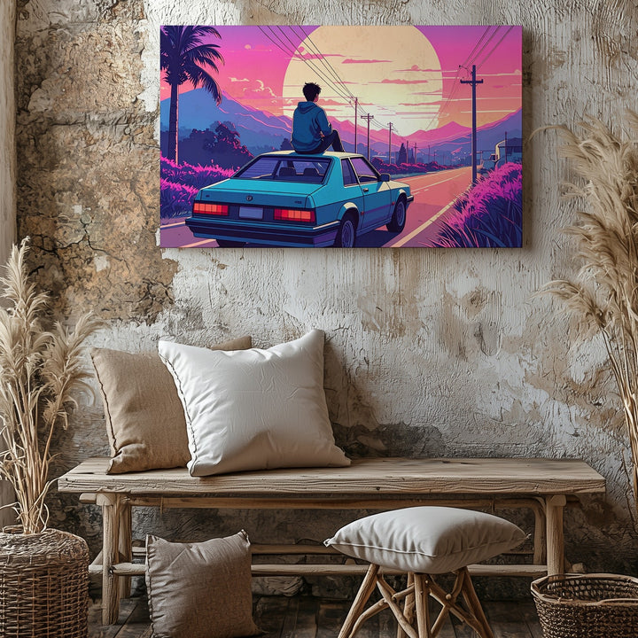 Vaporwave Sunset Canvas – Retro-Futuristic Car & Solitude Scene - Gifitto