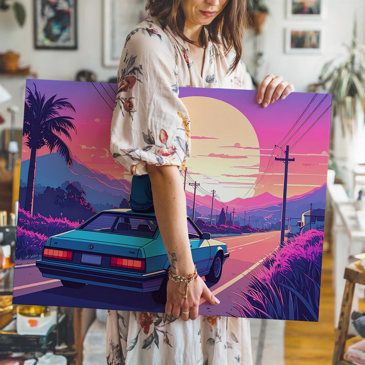 Vaporwave Sunset Canvas – Retro-Futuristic Car & Solitude Scene - Gifitto