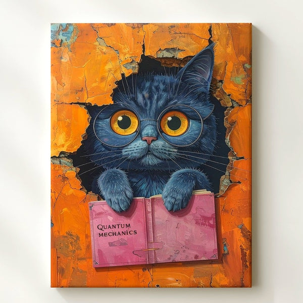 Quantum Cat Canvas – Surreal Curious Feline with Book Wall Art - Gifitto