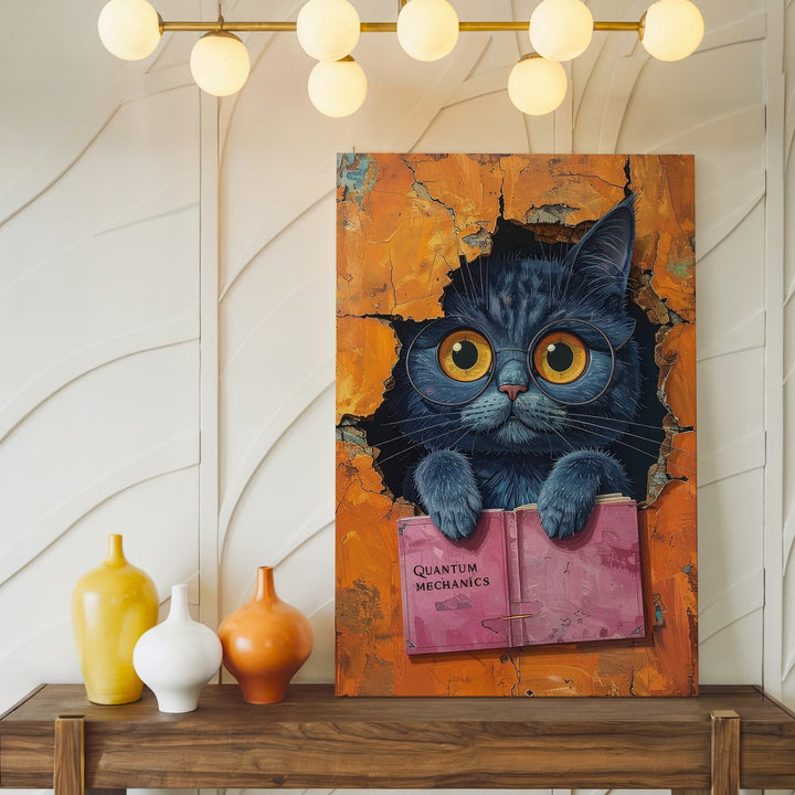 Quantum Cat Canvas – Surreal Curious Feline with Book Wall Art - Gifitto
