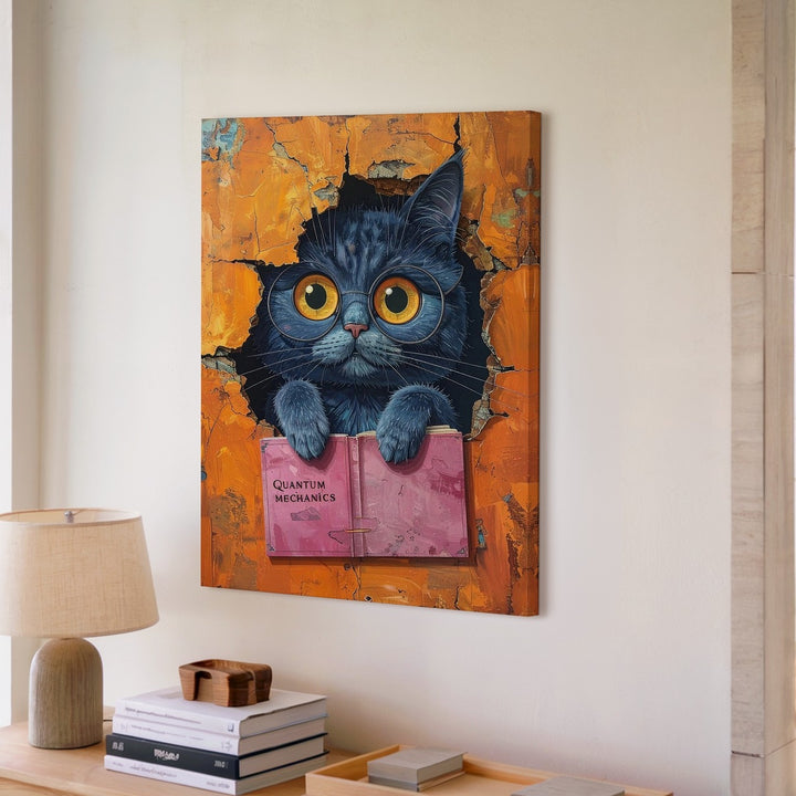 Quantum Cat Canvas – Surreal Curious Feline with Book Wall Art - Gifitto