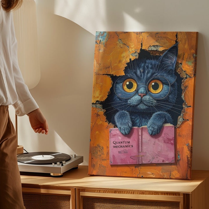 Quantum Cat Canvas – Surreal Curious Feline with Book Wall Art - Gifitto