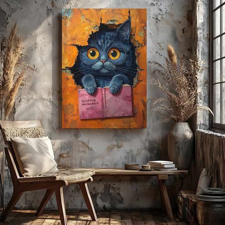 Quantum Cat Canvas – Surreal Curious Feline with Book Wall Art - Gifitto