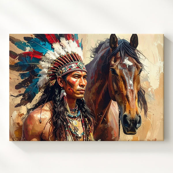 Native American Man and Horse Canvas – Bold Equestrian Cultural Art - Gifitto
