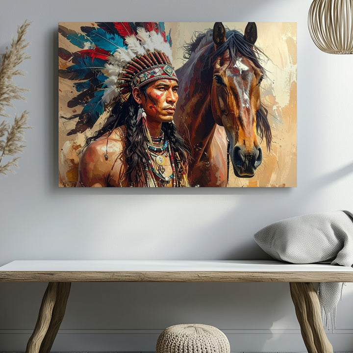 Native American Man and Horse Canvas – Bold Equestrian Cultural Art - Gifitto