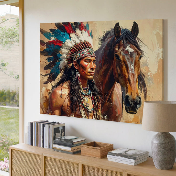Native American Man and Horse Canvas – Bold Equestrian Cultural Art - Gifitto