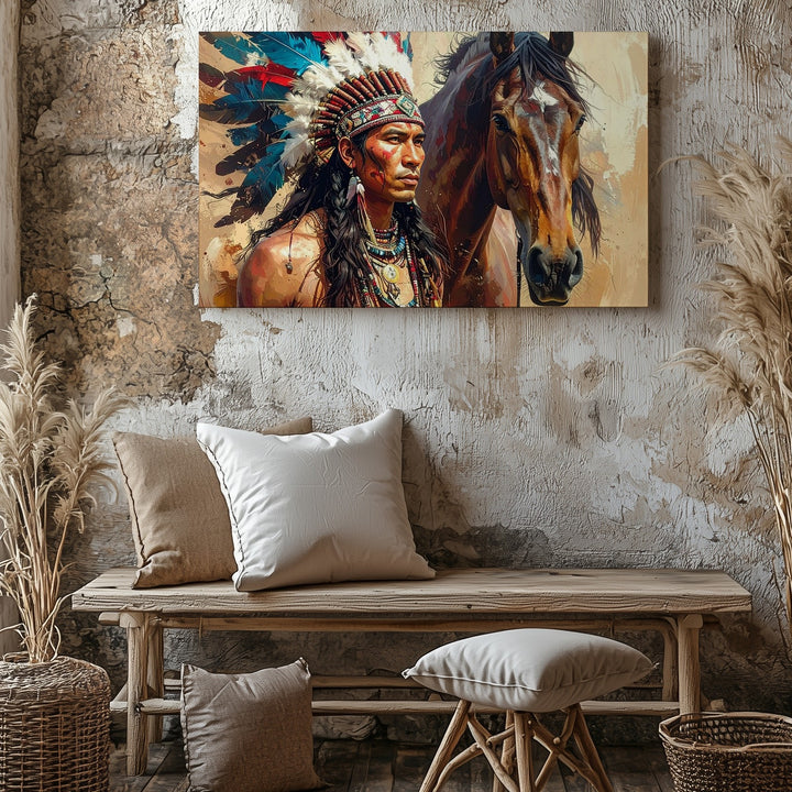 Native American Man and Horse Canvas – Bold Equestrian Cultural Art - Gifitto