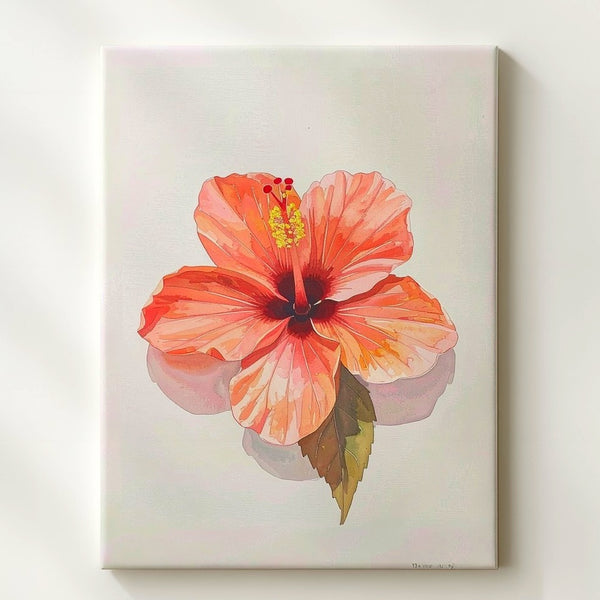 Tropical Hibiscus Watercolor Canvas – Warm Coral Floral Art - Gifitto