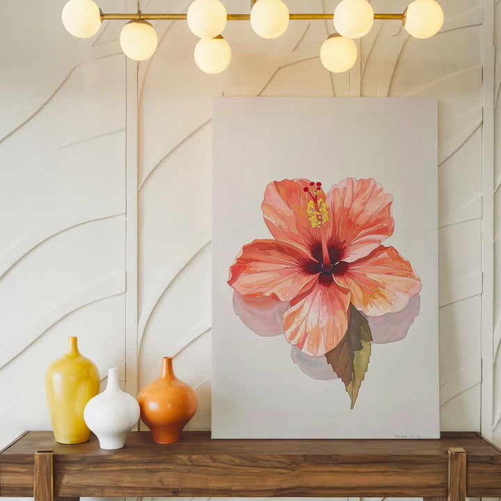 Tropical Hibiscus Watercolor Canvas – Warm Coral Floral Art - Gifitto