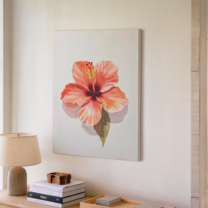 Tropical Hibiscus Watercolor Canvas – Warm Coral Floral Art - Gifitto