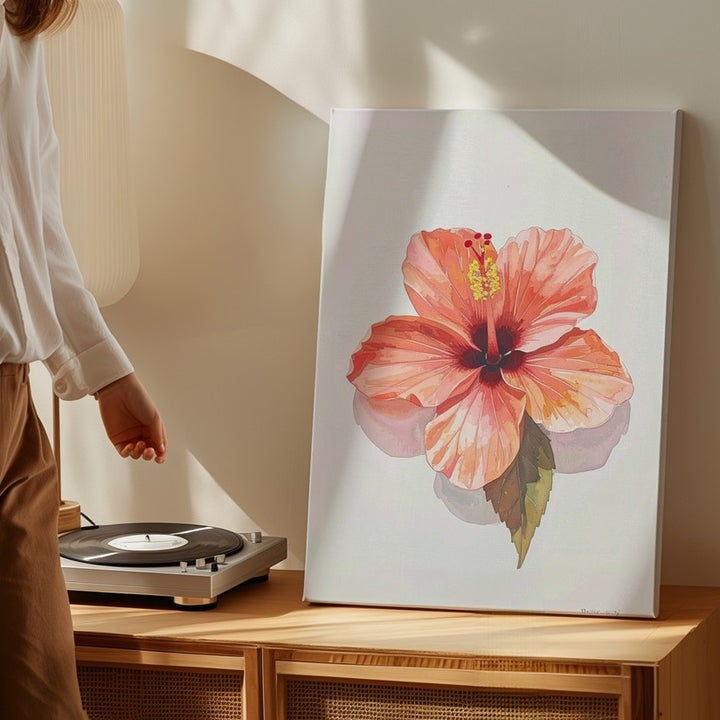 Tropical Hibiscus Watercolor Canvas – Warm Coral Floral Art - Gifitto
