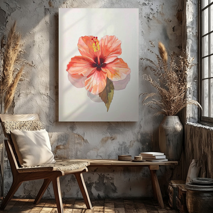 Tropical Hibiscus Watercolor Canvas – Warm Coral Floral Art - Gifitto
