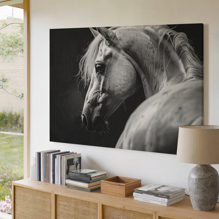 White Horse Portrait Canvas – Monochromatic Equestrian Art - Gifitto
