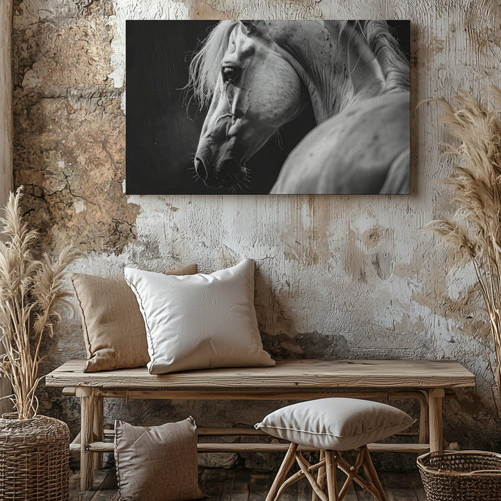 White Horse Portrait Canvas – Monochromatic Equestrian Art - Gifitto