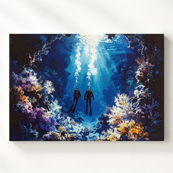 Mystical Deep Dive Canvas – Moody Underwater Scuba Divers Art