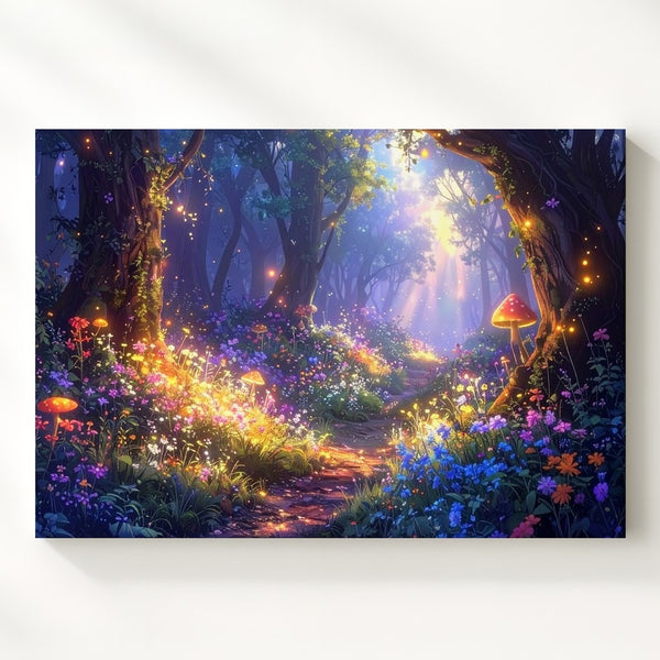 Enchanted Fantasy Forest Canvas – Magical Pathway with Glowing Flowers and Mushrooms - Gifitto