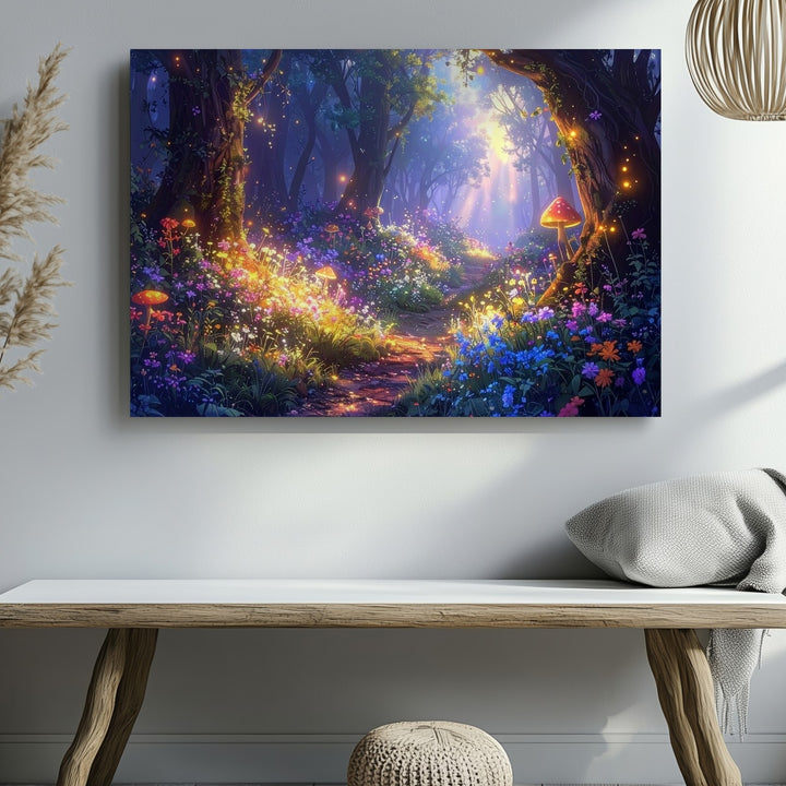 Enchanted Fantasy Forest Canvas – Magical Pathway with Glowing Flowers and Mushrooms - Gifitto
