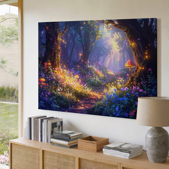 Enchanted Fantasy Forest Canvas – Magical Pathway with Glowing Flowers and Mushrooms - Gifitto