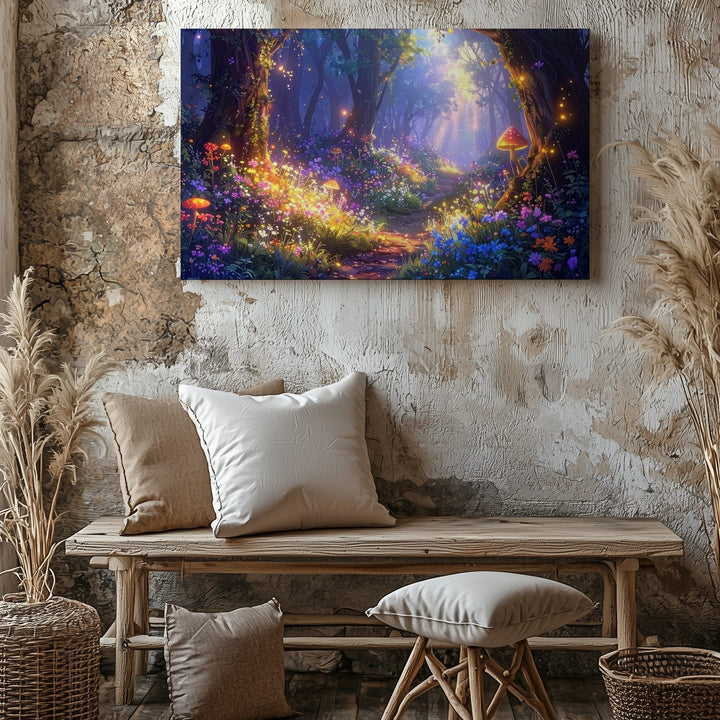 Enchanted Fantasy Forest Canvas – Magical Pathway with Glowing Flowers and Mushrooms - Gifitto