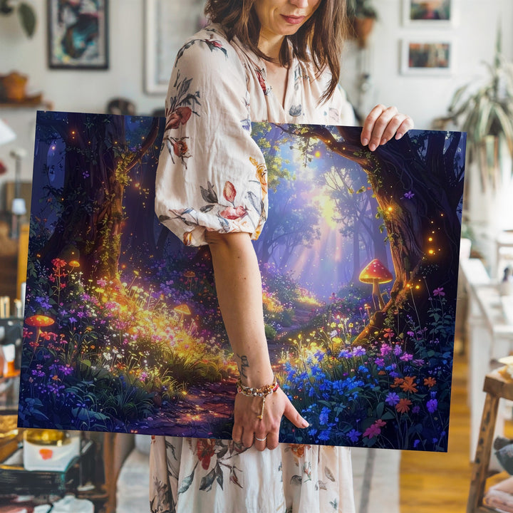 Enchanted Fantasy Forest Canvas – Magical Pathway with Glowing Flowers and Mushrooms - Gifitto