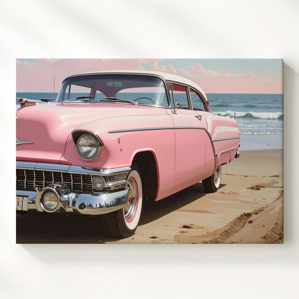 Pink Cadillac Beach Canvas – Classic 1950s Convertible Coastal Art - Gifitto