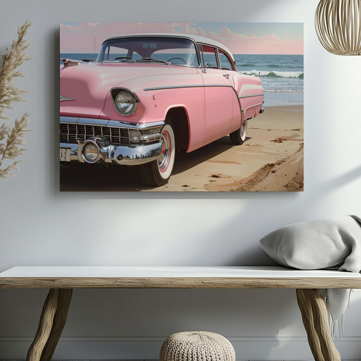 Pink Cadillac Beach Canvas – Classic 1950s Convertible Coastal Art - Gifitto