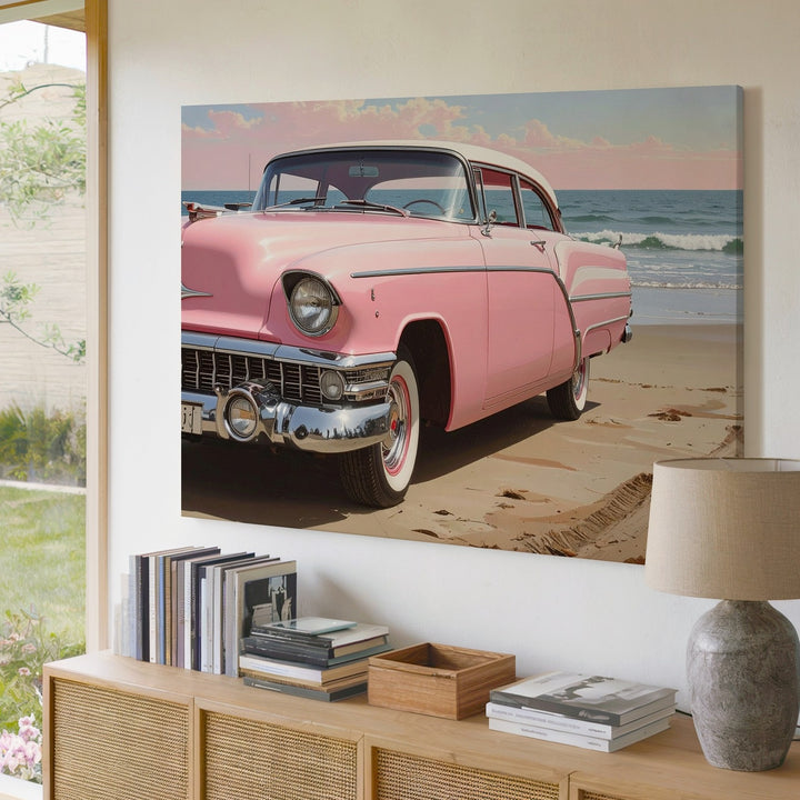 Pink Cadillac Beach Canvas – Classic 1950s Convertible Coastal Art - Gifitto