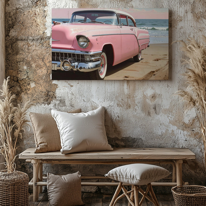 Pink Cadillac Beach Canvas – Classic 1950s Convertible Coastal Art - Gifitto