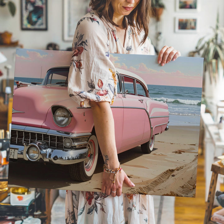 Pink Cadillac Beach Canvas – Classic 1950s Convertible Coastal Art - Gifitto