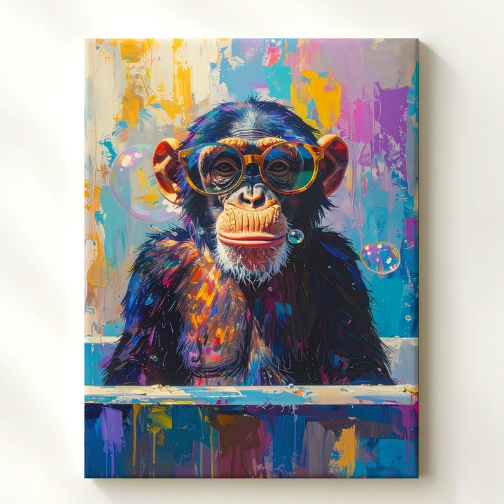 Surreal Chimpanzee in Bathtub Canvas – Playful Pop Art Style with Bubble Fun - Gifitto