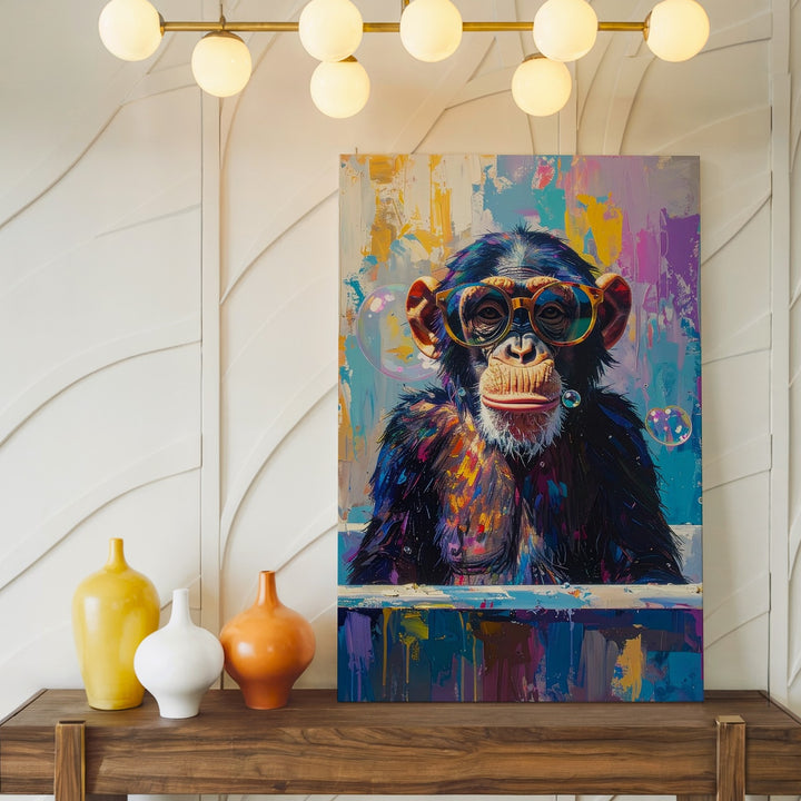 Surreal Chimpanzee in Bathtub Canvas – Playful Pop Art Style with Bubble Fun - Gifitto
