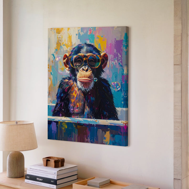 Surreal Chimpanzee in Bathtub Canvas – Playful Pop Art Style with Bubble Fun - Gifitto