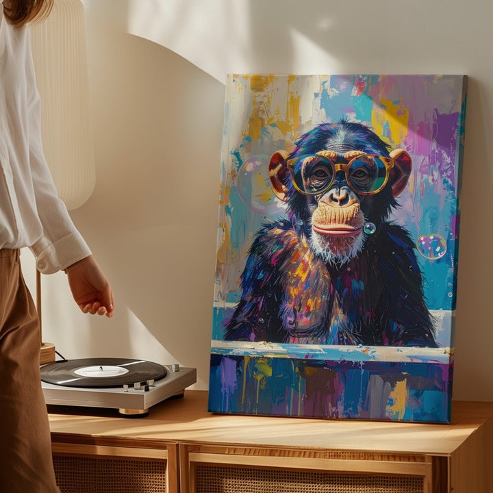 Surreal Chimpanzee in Bathtub Canvas – Playful Pop Art Style with Bubble Fun - Gifitto