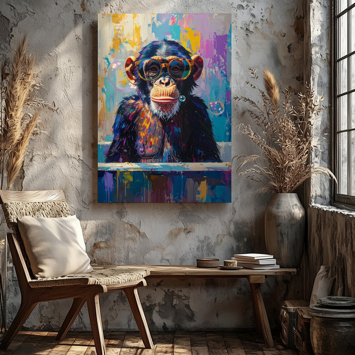 Surreal Chimpanzee in Bathtub Canvas – Playful Pop Art Style with Bubble Fun - Gifitto
