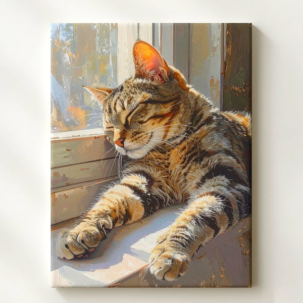 Sunlit Tabby on Windowsill Canvas – Peaceful Realistic Cat Wall Art - Gifitto