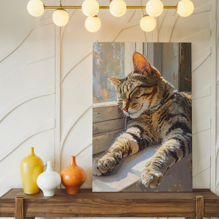 Sunlit Tabby on Windowsill Canvas – Peaceful Realistic Cat Wall Art - Gifitto