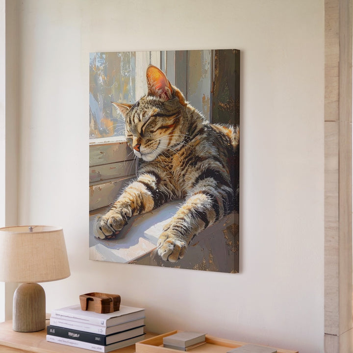 Sunlit Tabby on Windowsill Canvas – Peaceful Realistic Cat Wall Art - Gifitto