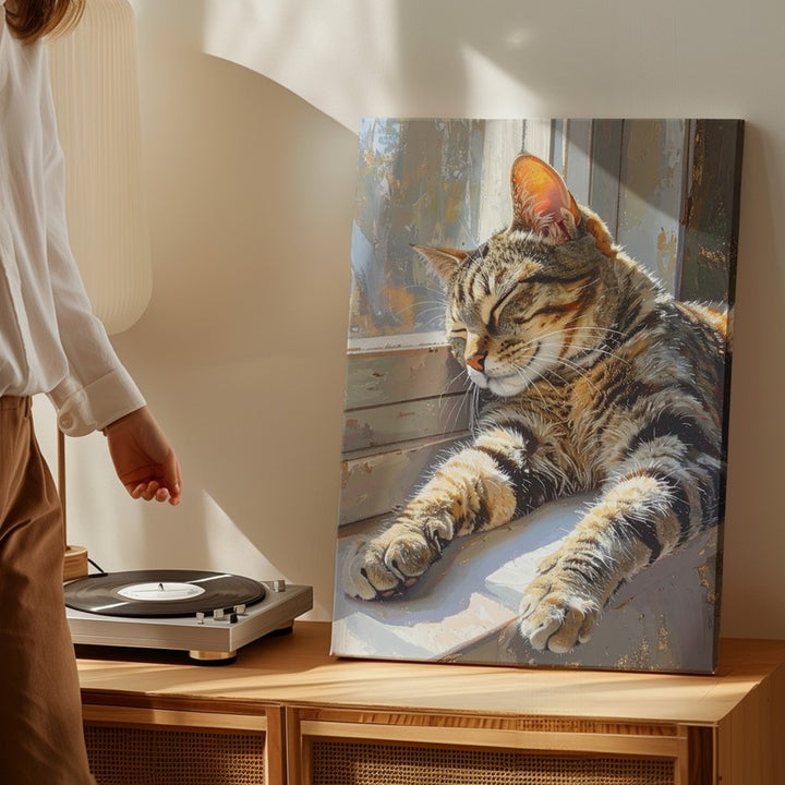 Sunlit Tabby on Windowsill Canvas – Peaceful Realistic Cat Wall Art - Gifitto